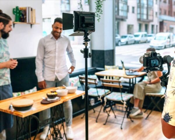 Broadcast camera filming a cooking tutorial with two people on set in a cafe.