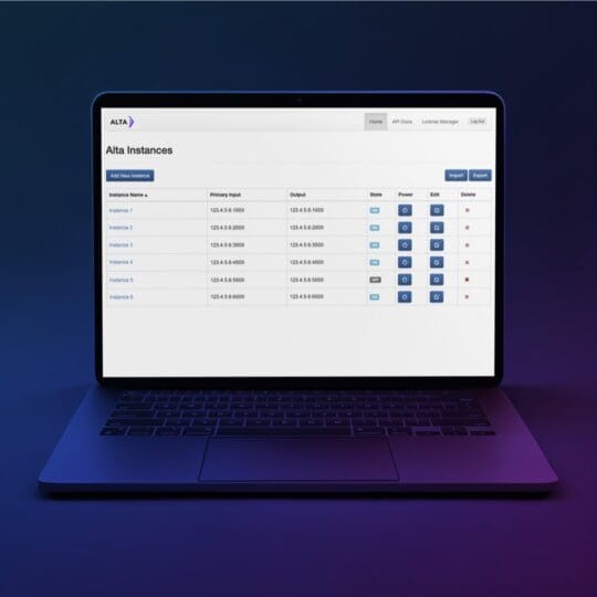 Alta software interface displayed on a laptop, showing instance management with primary input, output, and power controls.