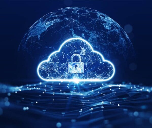 Cloud network with a lock symbol, representing secure cloud storage and digital security.