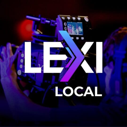 LEXI Local logo with a broadcast camera in the background, emphasising local media and video production.