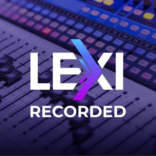 Close-up of a professional audio mixing desk with purple lighting and the LEXI Recorded logo for sound editing and post-production.