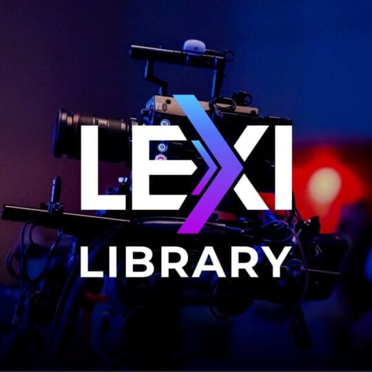 LEXI Library logo with a broadcast camera in the background, symbolising video content management.