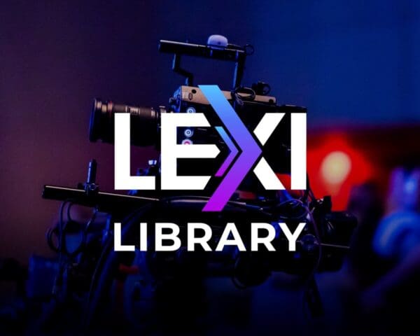 LEXI Library logo with a broadcast camera in the background, symbolising video content management.