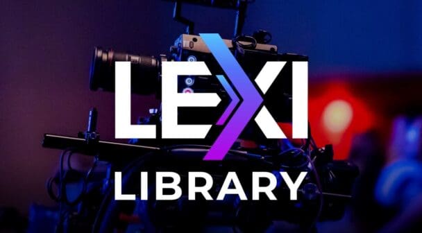LEXI Library logo with a broadcast camera in the background, symbolising video content management.