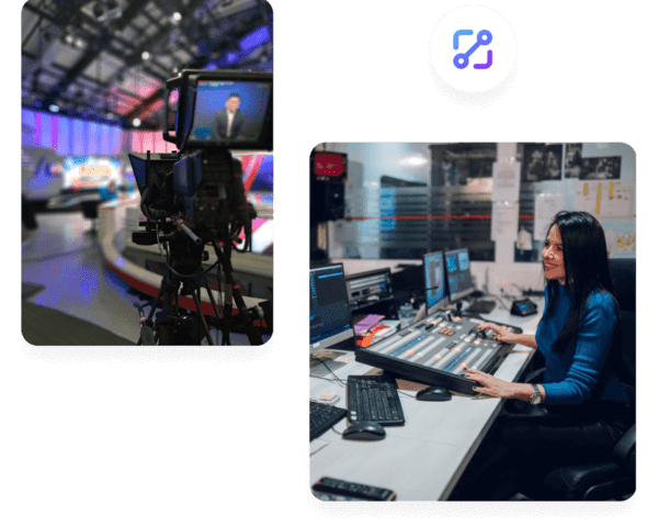 Broadcast studio with camera recording and a female video editor controlling the studio equipment, highlighting live video integration and editing.